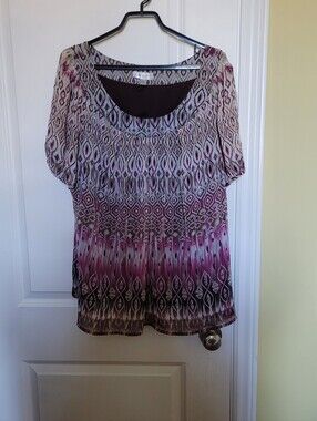 Dress Barn blouse top shirt boho pink grey green sheer layered plus size 22 24